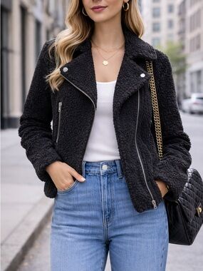 SAYLOR Reyna Jacket Black Sherpa Moto Sz Med Biker Edgy Fall Winter Teddy